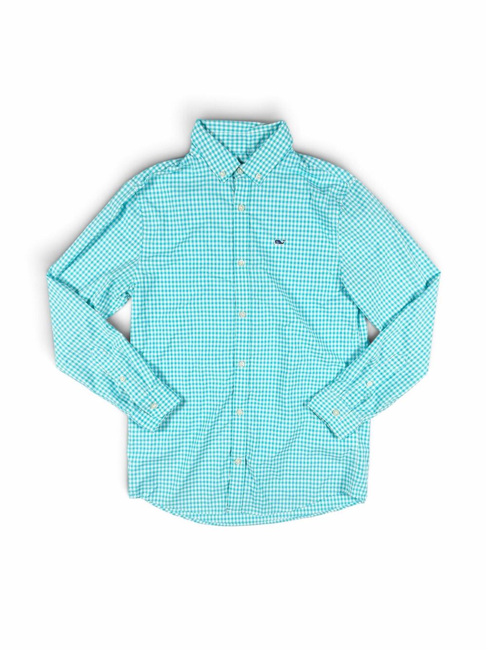 Vineyard Vines Boys Performance Gingham Button Down Shirt Aqua 12-14 Medium